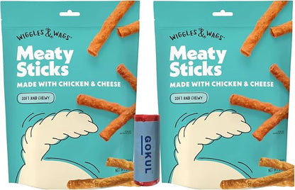 Wiggles & Wags Meaty Sticks Soft Chews, Dog Treats Sticks, Chicken & Cheese Dry Puppy Food - 6oz (Pack of 2), Bundled with Poop Bag