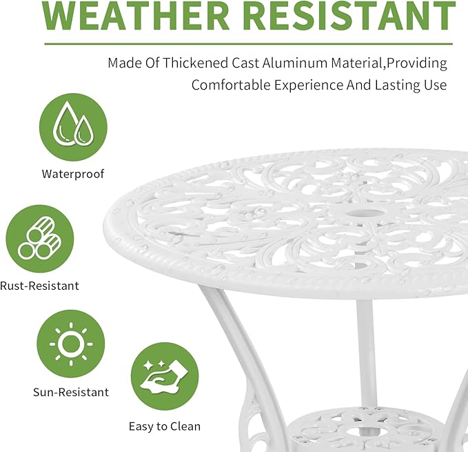 Withniture Patio Bistro Set 3 Piece Cast Aluminum Outdoor Bistro Set, Rust Resistance Bistro Table and Chairs of 2 with Umbrella Hole, Small Patio Set for Garden Outside, White