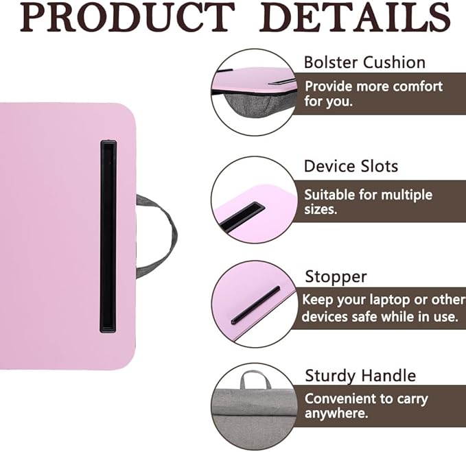Portable Laptop Desk Fits Up to 16“ Laptops, with Tablet Slot, Built-in Cushion,Great for Home & Office,Lap Desk with Cushion (Pink, Medium)