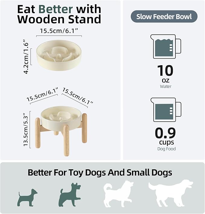 Ceramic 0.9 Cup Raised Dog Slow Feeder Set, Elevated Bowl