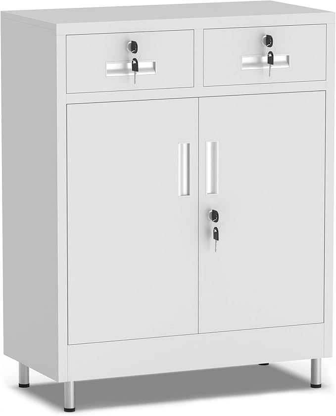 Metal Storage Cabinet with Locking Doors and 2 Drawers, Lockable Storage