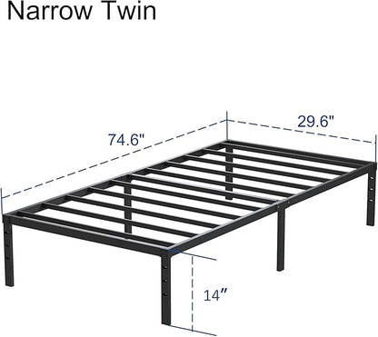 Heavy Duty Narrow Twin Bed Frame No Box Spring Needed, 14 Inch Metal Platform Narrow Twin Bed Easy Assembly, Noise Free, 30x75 Inch, Black