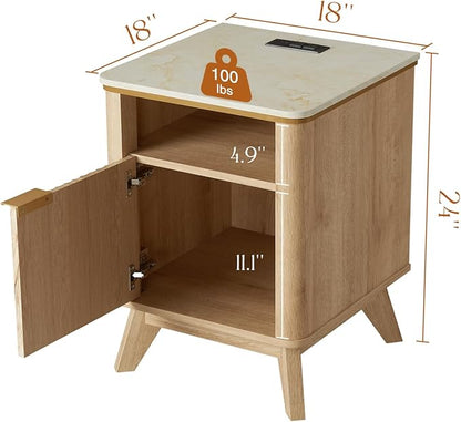 QUW Fluted Nightstands Set of 2 with Charging Station, 18" Modern Side Table, Wooden Bedside Table with Faux Marble Top, Open Storage, Cabinet, End Table for Bedroom, Living Room, Natural Oak