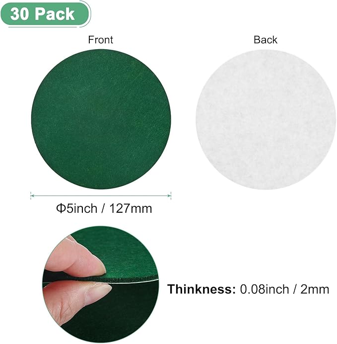 30-Pack Lamp Base Felt, 5 Inch Dia. 2mm Thick Self Adhesive Round Fabric Felt Pads for Lamp/Furniture/DIY, Non-Slip Fiber Backed Patch Circles with Adhesive Backing [Green]