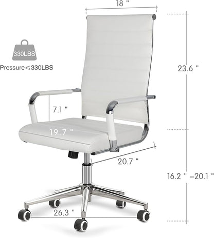 BOWTHY Home Office Chair Ribbed, Modern Leather Conference Room Chairs, Ergonomic Office Desk Chair, High Back Executive Computer Chair, Adjustable Swivel Chair with Arms (White)