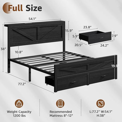 Rustic Full Size Bed Frame with Storage Drawers and Barn Door Headboard, Farmhouse LED Bed Frame Full with Charging Station, Metal Industrial Platform Bed Frames, No Box Spring Needed, Black