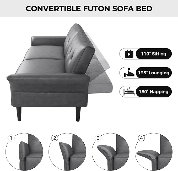 89” Futon Sofa Bed,Futon Couch Bed with 2 Square Pillows,Convertible Sleeper Sofa with Adjustable Backrest& Armrests, Modern Loveseat Sleeper for Living Room, Bedroom,Faux Leather Light Gray