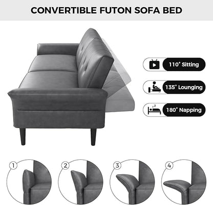 89” Futon Sofa Bed,Futon Couch Bed with 2 Square Pillows,Convertible Sleeper Sofa with Adjustable Backrest& Armrests, Modern Loveseat Sleeper for Living Room, Bedroom,Faux Leather Light Gray