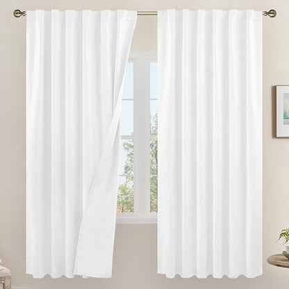 LAMIT White 100% Blackout Linen Curtains, 72 Inches Linen Textured Living Room