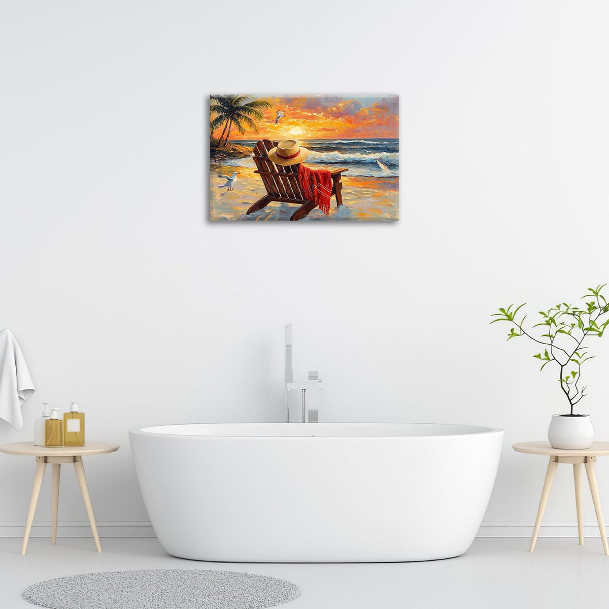 Beach Coastal Bathroom Pictures Wall Art, Seaside Ocean Bathroom Wall Decor, Sunrise Palm Framed Painting Canvas Artwork for Bedroom Living Room Decorations 24"L x 16"W