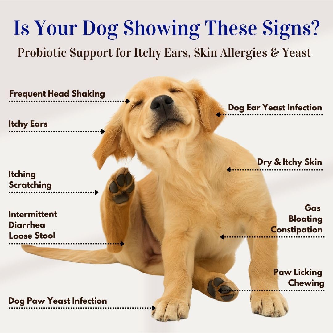 Dog Probiotics for Yeast, Itchy Skin and Itchy Ears, Allergy Relief, Daily Immune Support with Prebiotic & Digestive Enzymes (Gut Health) for Dogs, Reduce Diarrhea, Constipation & Gas Relief - 90ct