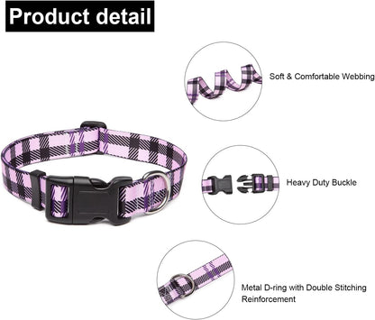 Mercano Adjustable Dog Collar - Special Design Patterns, Soft Nylon Comfortable Durable Pet Collar for Small Medium Large Dogs (XS, Purple Plaid)