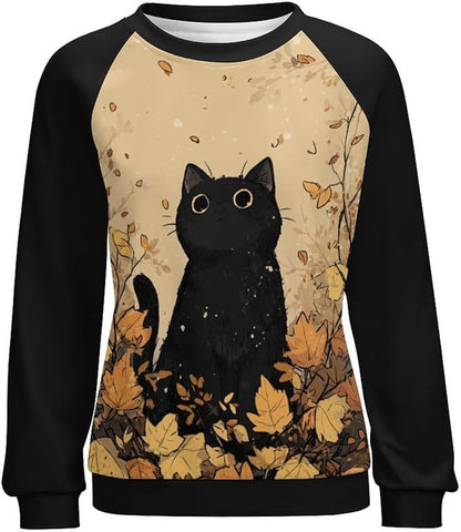 Abstract Cute Cat Shirts for Women Long Sleeve Lady Crewneck Pullover Sweatshirt Fall Winter Oversized Tops
