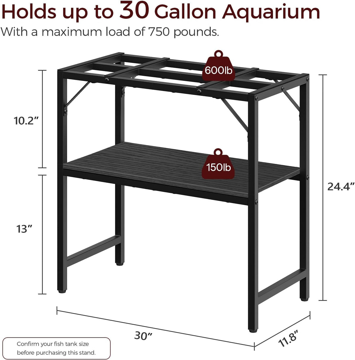 30 Gallon Fish Tank Stand, Aquarium Stand with 2-Tier Storage Shelves, Heavy Duty Breeder Turtle Terrarium Stand Rack for Home Office, 30.0" L x 11.8" W x 24.4" H, Black FTBK3001