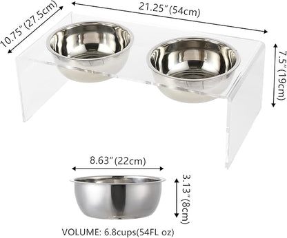 DBL2001A Keaton 7.5" Medium/Large Modern Lucite Rectangular Elevated Pet Feeder with 54oz 2-Stainless Steel Bowls, Clear/Chrome