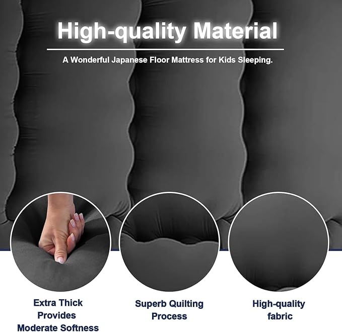 Japanese Floor Mattress,Thicken Japanese Floor Sleeping Pad Foldable,Roll Up Tatami Mat Easy to Store and Portable,Futon Mattress Suitable for Camping and Guest Room (Black, Queen (80" X 60"))