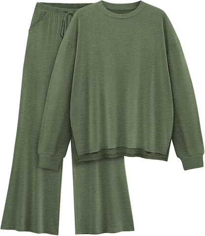 AmazingStar Womens Lounge Set 2025 Fall 2 Piece Outfits Long Sleeve Tops Wide Leg Long Pants Cozy Matching Sets Clothing