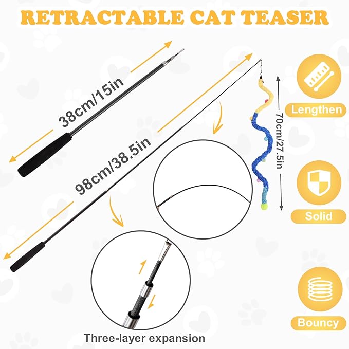 Cat Wand Toy, 9Pcs Retractable Plush Srtip Cat Teaser Wand Toys with Bell & String, Long Interactive Wand Toys for Indoor Kitten, Exercise