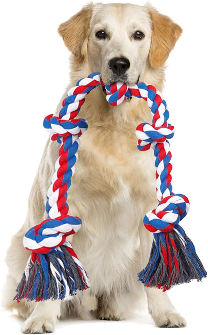 Bmag Dog Rope Toys for Aggressive Chewers, Interactive Heavy Duty Dog Toys for Medium Large Dogs, Tough Twisted Rope Toy with 5 Knots (Red)