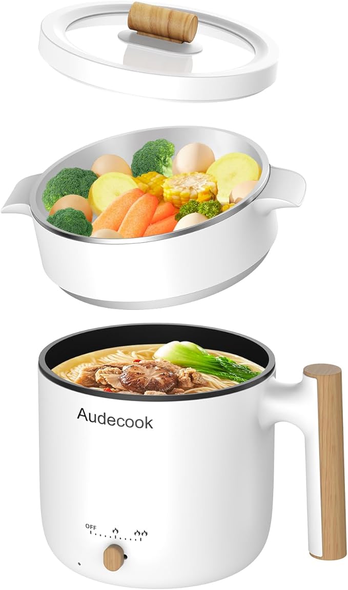 Audecook Hot Pot Electric with Steamer, 1.8L Portable Mini Travel Cooker