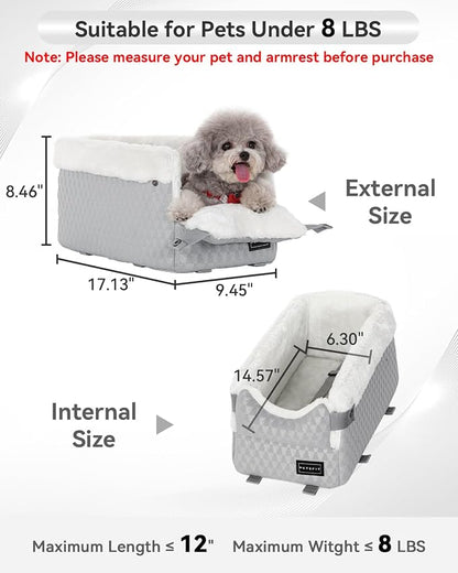 PETSFIT Small Dog Car Seat with Washable Cushion, Soft Pillow, Safety Leash | Dual Seat-rail Hooks with Adjustable Straps Help Reduce Shifting, Console Dog Car Seat for pets Under 8 lbs, Light Grey
