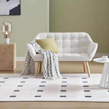 QUINJAY 48" Small Loveseat Sofa, Modern Sherpa Mini Sofa Couch 2-Seater Fluffy Love Seat with Quilting Backs and Wood Legs for Living Room, Bedroom and Small Space, White
