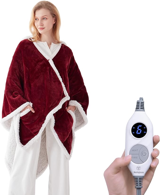 Westinghouse Wearable Heated Throw Blanket, Electric Heated Wrap Poncho Shawl
