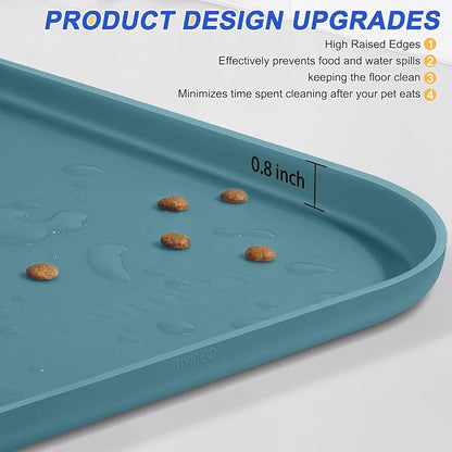 SMILOOL Waterproof Silicone Pet Food Mat with Raised Edge for Dog & Cat | 22" x 14" Non-Slip Pet Feeding Mats with Lip for Food & Water Bowl, Food Grade, Easy Cleaning, Salte Blue