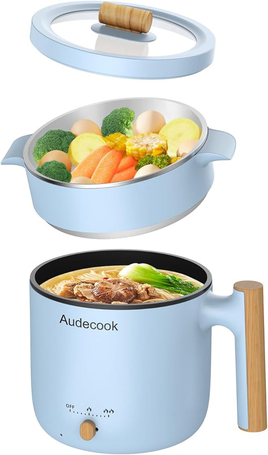 Audecook Hot Pot Electric with Steamer, 1.8L Portable Mini Travel Cooker