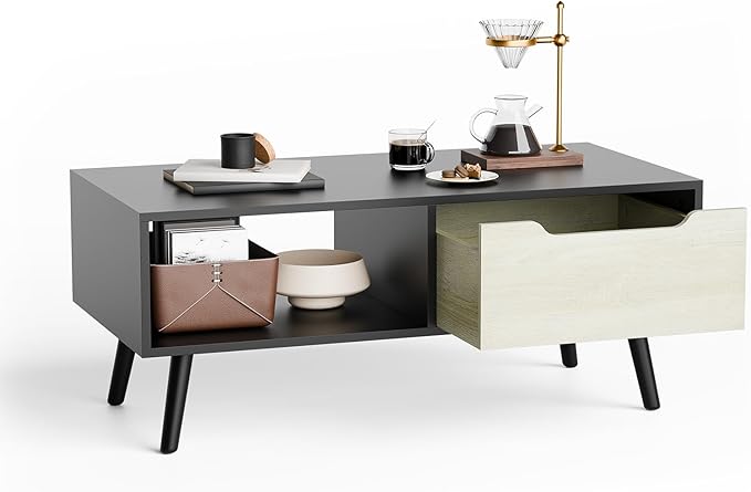 Cozy Castle Modern Coffee Table, Wooden Cocktail Table with Storage, Minimalist Hallway Table, Mid Century Modern Coffee Table for Living Room Apartment Reception, Black