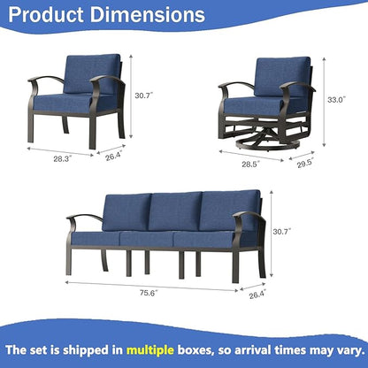 RTDTD Aluminum Outdoor Patio Furniture Set,5 Pieces 7 Seats Patio Conversation Sets with 2 Swivel Rocking Chairs,Metal Patio Sectional Furniture Set with 5.1" Thickened Cushions,Navy Blue