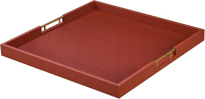 20x20 Inches Large Brown Faux Leather Wrapped Wood Ottoman Tray with Handles for All Occasions, Serving Food Breakfast On Bed, Home Decor Decorative, Living Room,Square Coffee Table Organizer