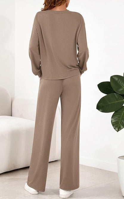 PRETTYGARDEN Womens 2 Pieces Lounge Sets Crewneck Long Sleeve Wide Leg Drawstring Pants Tracksuits Loose Fit Outfits Set