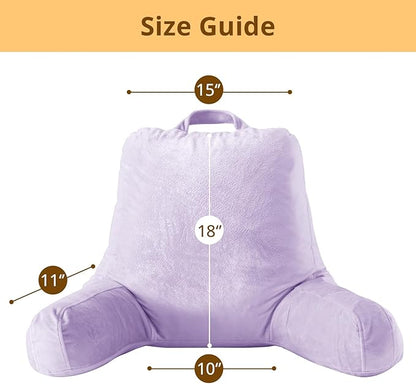 Sasttie Reading Pillow, Velvet Back Pillow for Bed Sitting Up, Adult Back-Rest Support Cushion with Arms for Sit Up on Couch, Sofa, and Floor, Dorm Essentials, Reading Accessories, Lavender