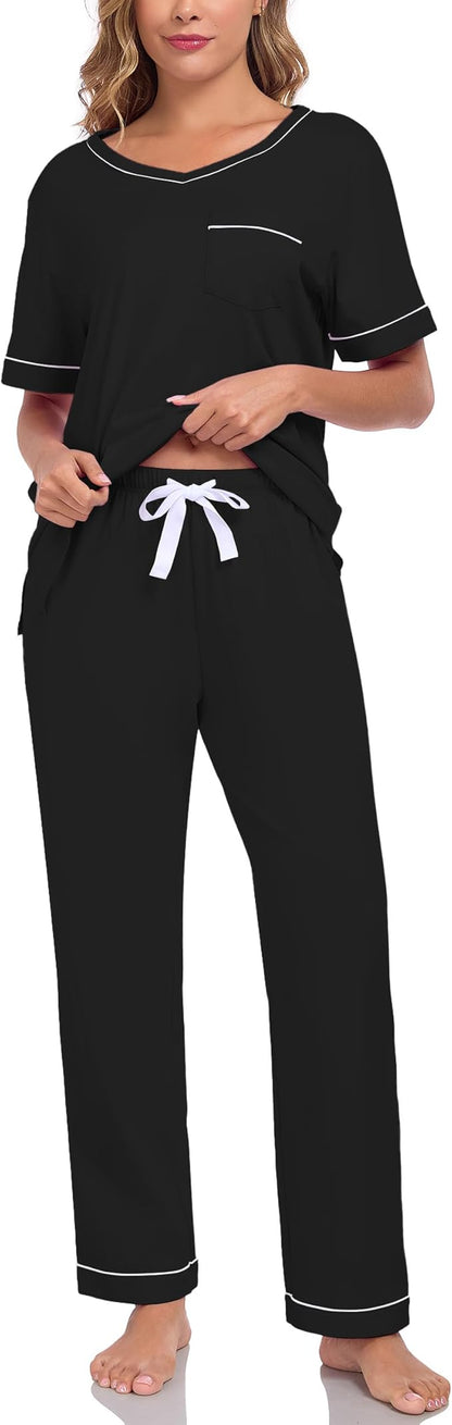 CF Women's 100% Cotton Pajama Sets Soft Short Sleeve Tops & Pants Comfy Sleepwear 2 Piece Lounge set with Pockets Loungewear