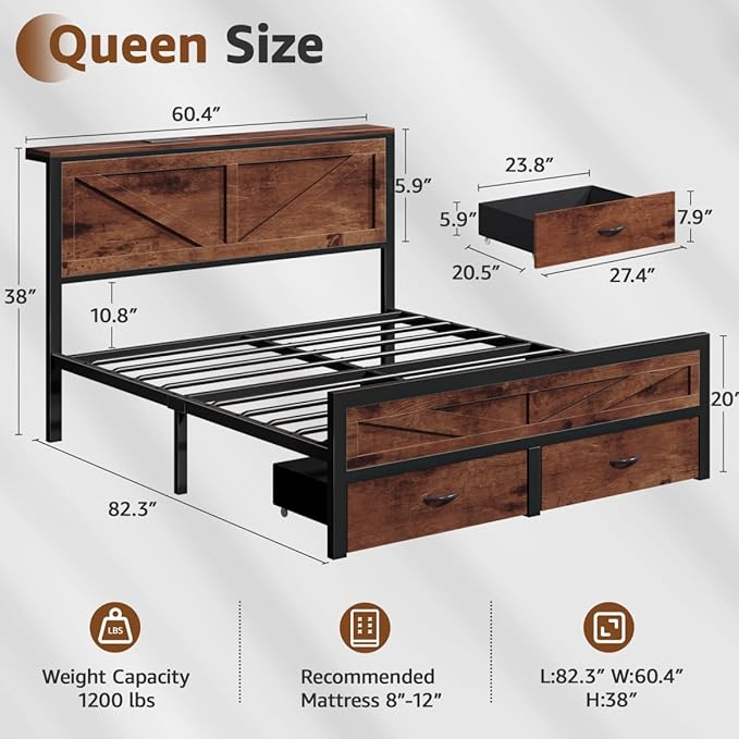 Rustic Queen Bed Frame with Storage Drawers and Barn Door Headboard, Farmhouse LED Bed Frame Queen Size with Charging Station, Metal Industrial Platform Bed Frames, No Box Spring Needed, Brown