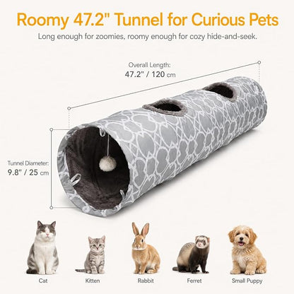 Geometric Straight Cat Tunnel with Plush Inside,Cats Toys Collapsible Tunnel Tube with Balls, for Rabbits, Kittens, Ferrets,Puppy, Diameter 9.8 Inch
