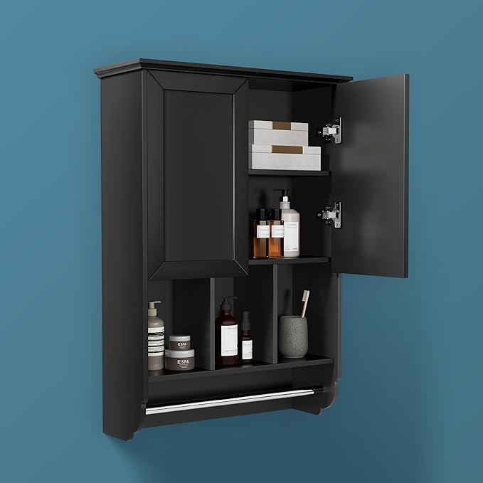 Bathroom Wall Cabinet with Towel Bar, Wooden Medicine Cabinet Adjustable Shelves