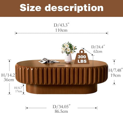 Oval Drum Coffee Table Fluted Coffee Table with Storage Center Table Pedestal End Table for Apartment (43.3in)
