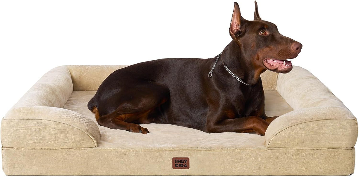 EHEYCIGA Orthopedic Dog Beds for Extra Large Dogs, Waterproof Memory Foam XXL Dog Bed with Sides, Non-Slip Bottom and Egg-Crate Foam Big Pet Couch Bed with Washable Removable Cover, Greige