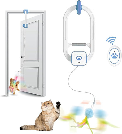 Rechargeable Electric Cat Teaser with Remote – Interactive Door Clip Toy for Cats, 2 Motion Modes (360° Spin & Irregular Jumping), Smart Auto Cat Toy for Exercise & Fun (Blue)