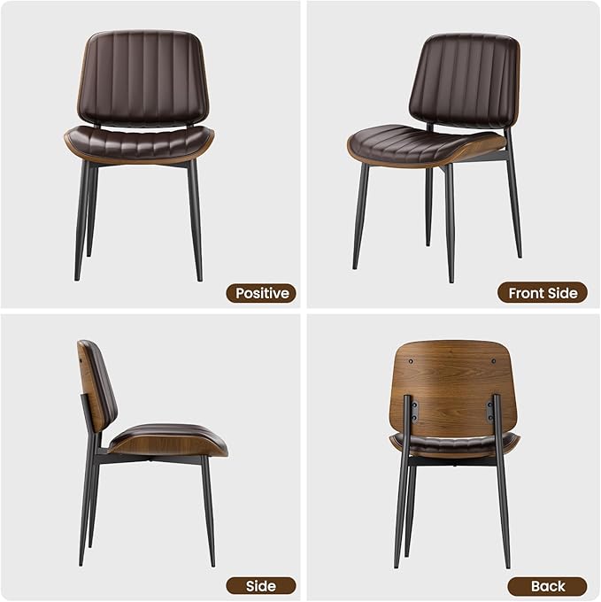 YaFiti Dining Chairs Set of 6, Mid Century Modern Dining Room Kitchen Chairs, Upholstered PU Leather Vertical Stripe Chairs for Vanity with Walnut Bentwood and Metal Legs, Brown