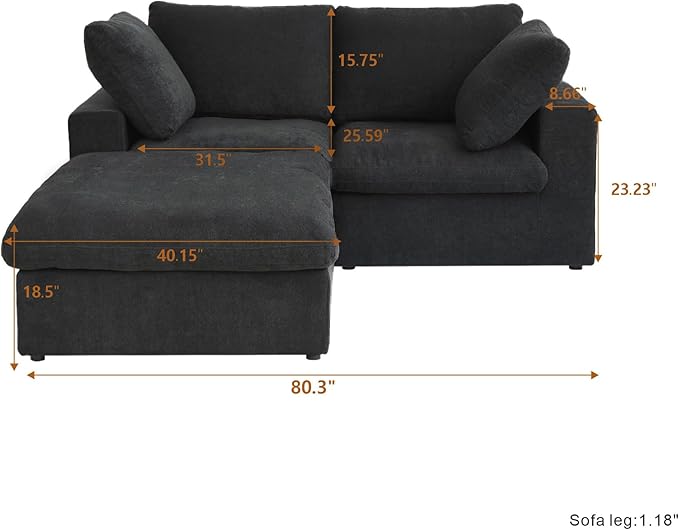 Cloud Modular Sectional Sofa Couch,80.3" L Shaped Convertible Couches with Storage Ottoman for Living Room,Minimalist Deep Sofa Couches,Sofa Covers Washable&Replaceable(Black)