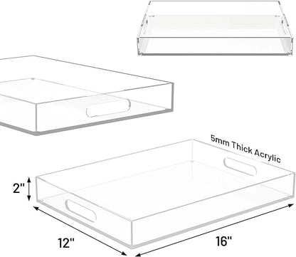 16"x12" Large Acrylic Serving Tray Decorative Ottoman Coffee Table Vanity Tray Tea Fruit Platter Snack Appetizer Dessert Drink with Handles for Bar Kitchen Party, Clear