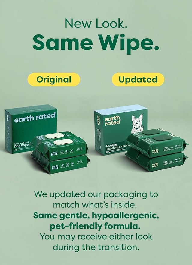 Earth Rated Pet Wipes for Dogs and Cats, Hypoallergenic, 3-in-1 Cleaning
