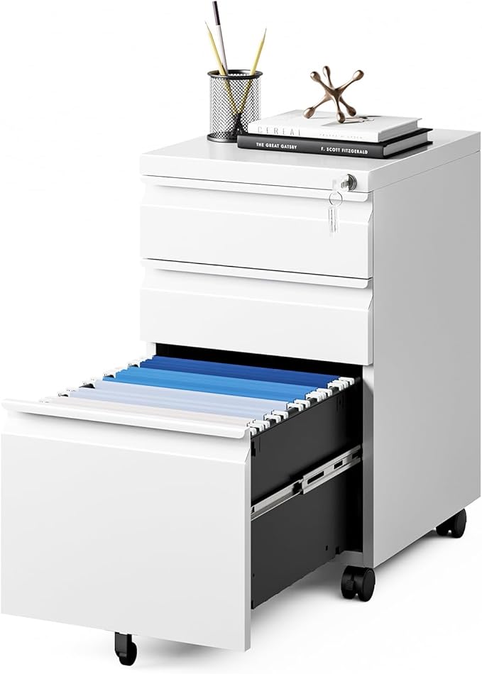MIIIKO White Filing Cabinet 3 Drawers on Wheels Under Desk, Metal Rolling File