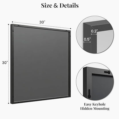 30''x30'' Square Black Bathroom Mirror, Matte Metal Framed Wall Mirror