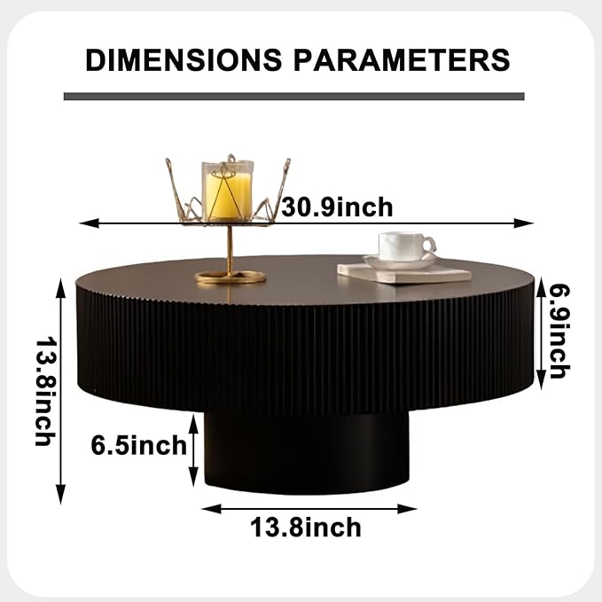Round Coffee Table, Handcrafted Fluted Drum Coffee Tables Modern Wood Coffee Table Circle Drum Center Table for Living Room, Apartment (Black Thick)