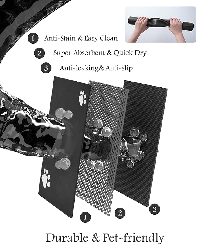 Pet Feeding Mat-Absorbent Dog Mat for Food and Water Bowl-No Stains Quick Dry Water Dispenser Mat-Dog Accessories Pet Supplies-Bowl for Messy Drinkers（Black,12"x19"