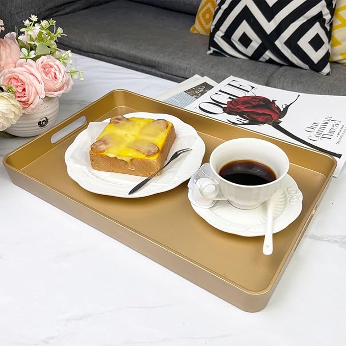 Gold Decorative Tray, Serving Tray with Handles, Plastic Rectangular Tray for Ottoman Coffee Table, Bathroom, Living Room. 15.7"*10.2"